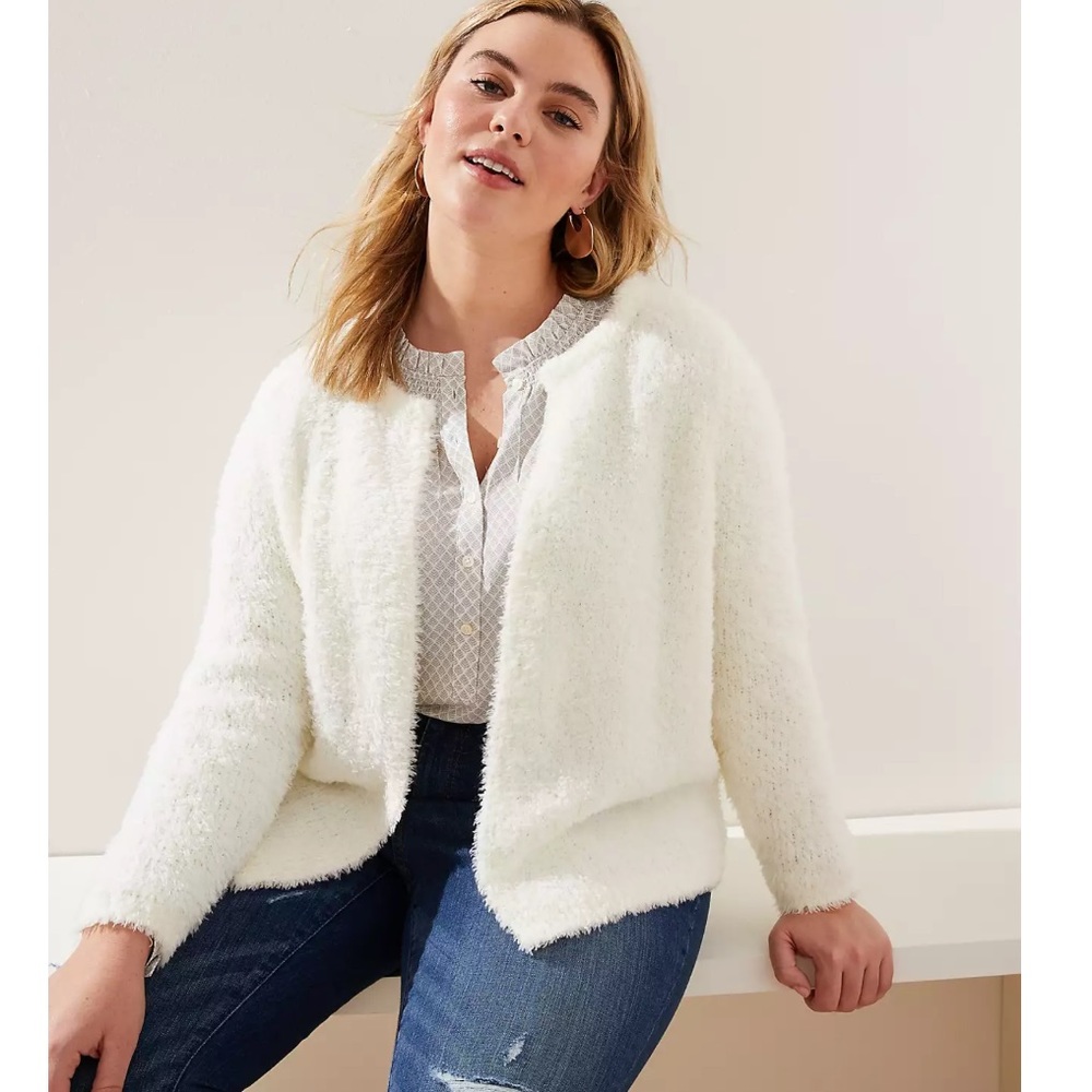LOFT Plus Fuzzy Open Cardigan Sweater Jacket in White